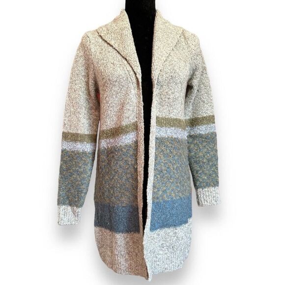 Cato Sweater Cardigan Womens XS Tan Colorblock Striped Long Open Front Cozy - Picture 1 of 12